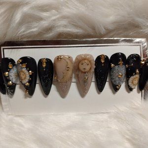 COPY - Black/Nude/ Sun, Moon, Stars Zodiac Press on Nails